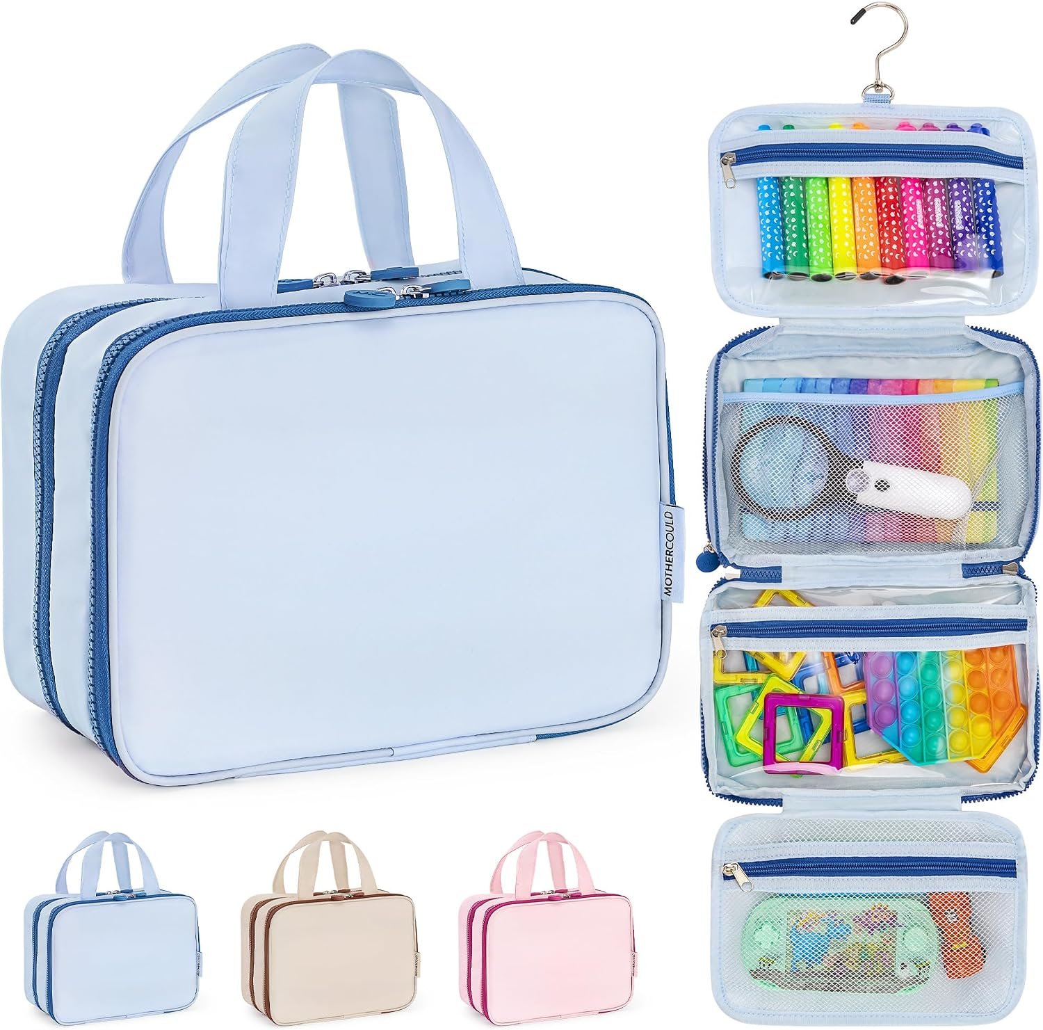 Mothercould Small Kids Travel Organizer, Hanging Bag With Hook, Blue