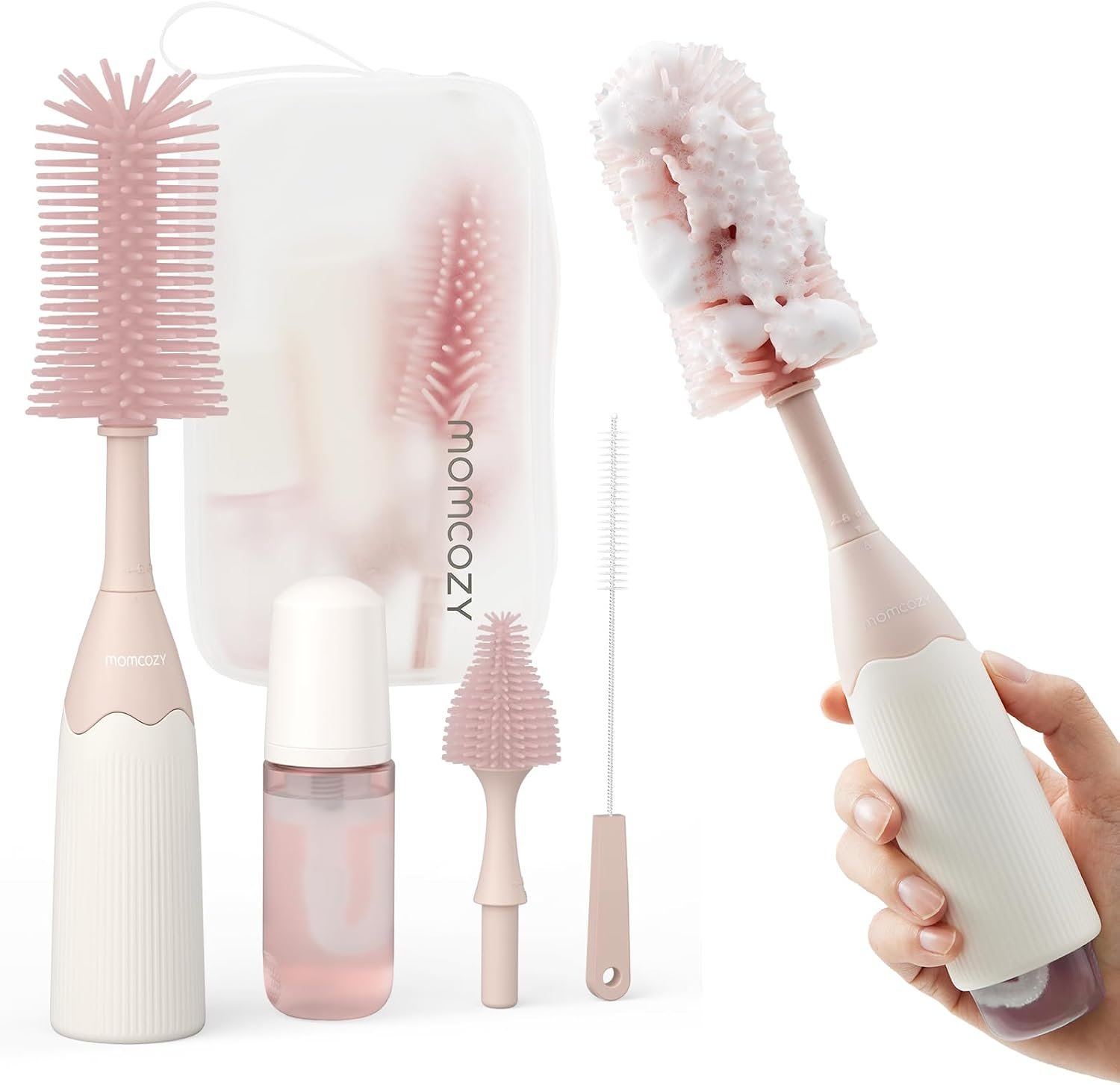 Momcozy Baby Bottle Brush Kit, Push-Press Foam Design, Pink