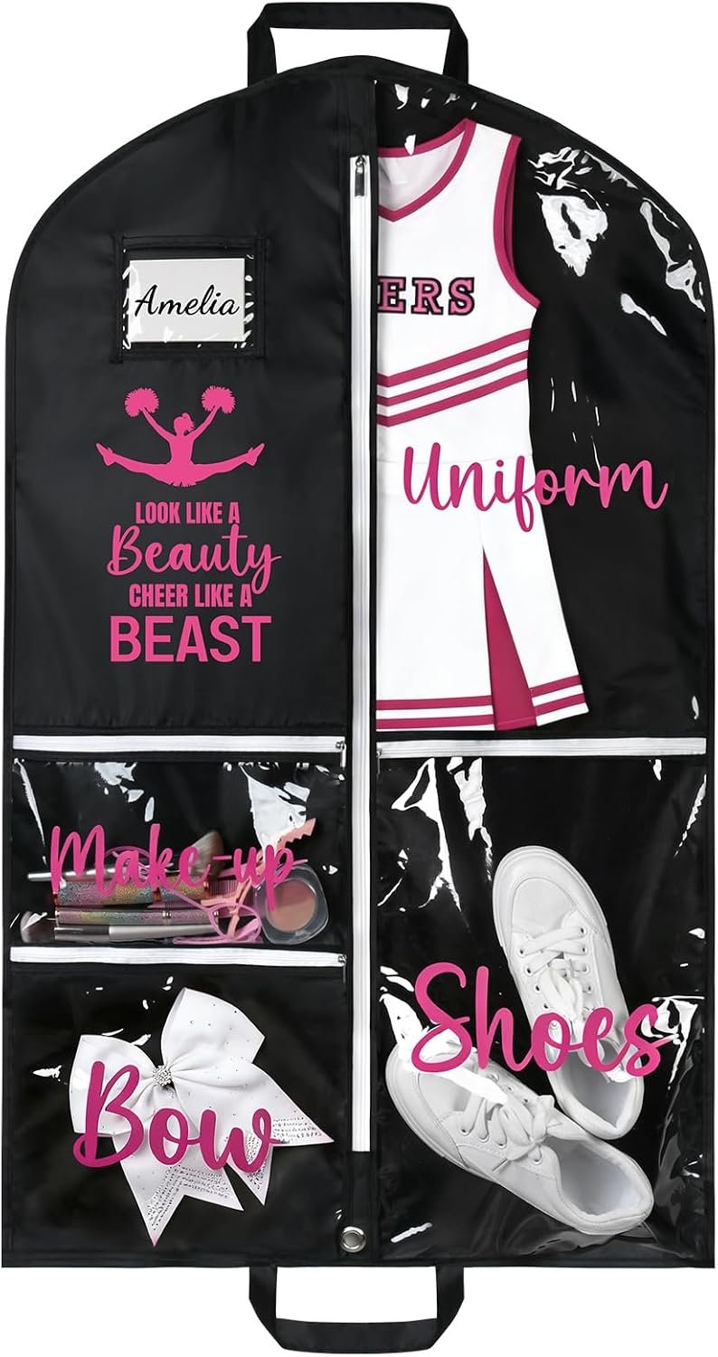 DEEKA Cheer Garment Bag for Hanging Clothes with Zipper Pockets Cheer Accessories Mom Essentials Uniform Costume 40 Inch Black Bags Stuff for Cheerleading Girls (Black,Hot Pink-Cheer Quote)